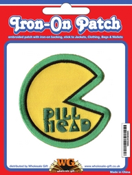 Retro gaming badge. Pill Head Embroidered Iron on Badge 